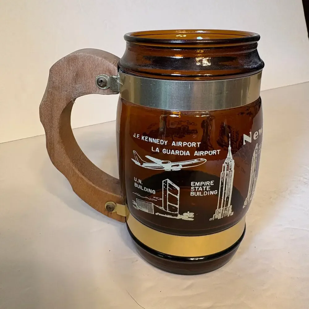 Vintage New York City NYC Souvenir Brown Glass Barrel Mug Wood Handle